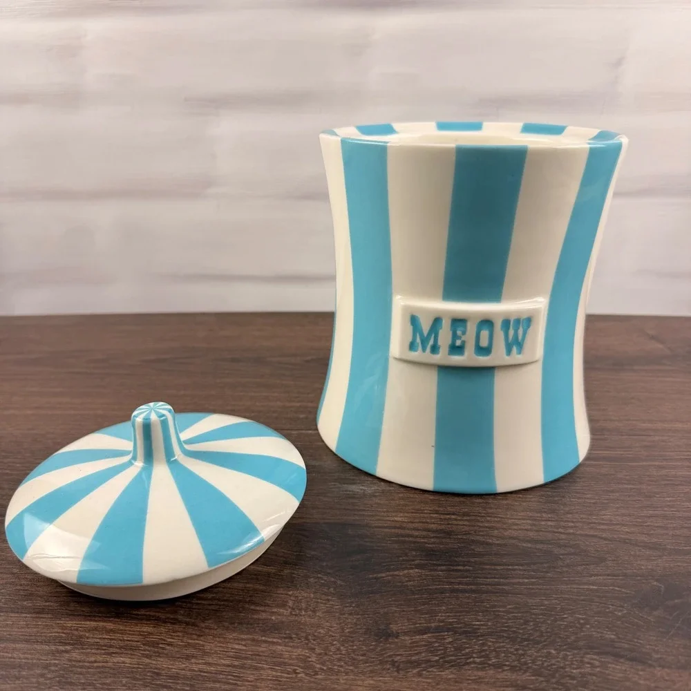 Jonathan Adler Vice MEOW Canister Blue White Striped Porcelain Lidded Jar